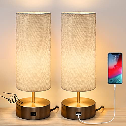 3 Way Dimmable Touch Control Table Lamp with USB Charging Port Set of 2 (Grey 1 Fabric Shade)