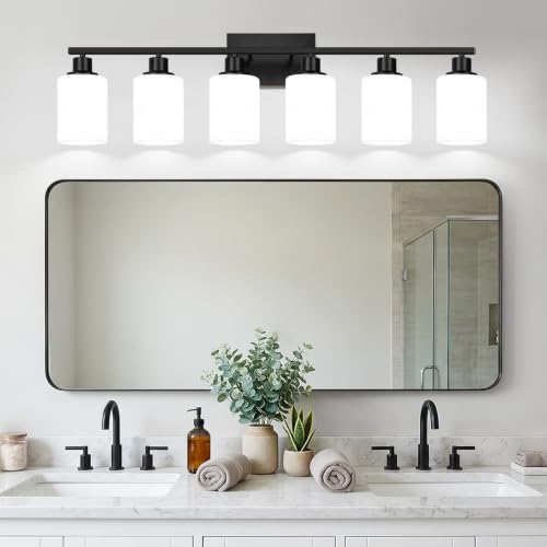 6 Light Bathroom Light Fixtures (Matte Black & Milky Glass / 6-light)