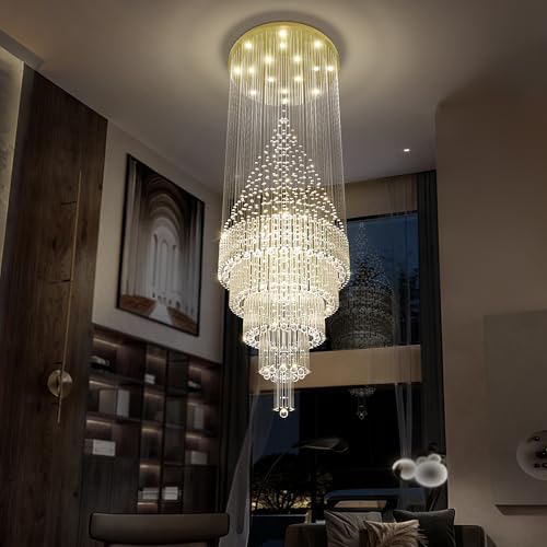 D40 x H110 Gold Raindrop Crystal Chandelier LED Dimmable Contemporary Chandelier Large Pendant Light for Entryway Stairway Foyer (Gold / D40"X H110")