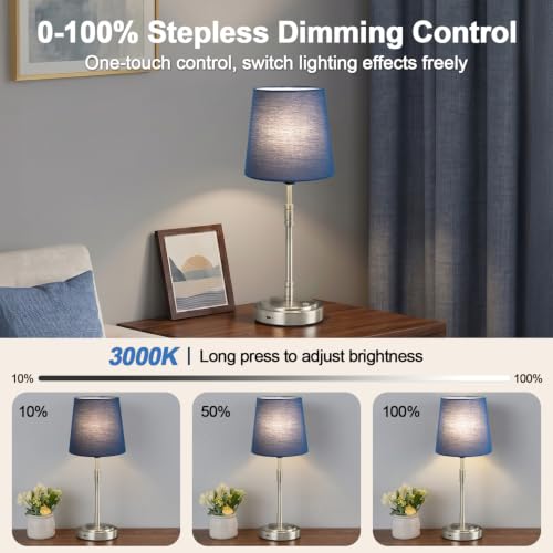 Cordless Table Lamps Set of 2 (Brushed Nickel + Blue Lampshade (2 Pack))