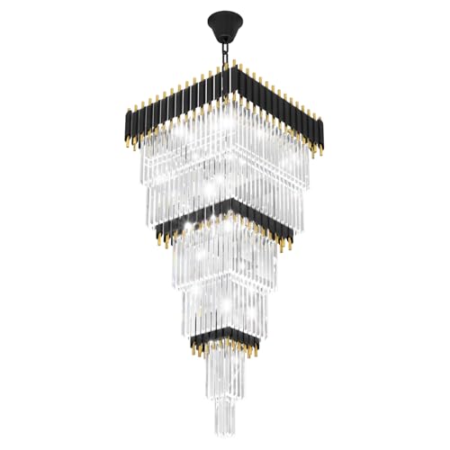 Modern Black and Gold Crystal Chandelier Large Foyer Chandelier for High Ceiling Long Entryway Chandeliers Adjustable Chain for Hall Living Room Entrance Staircase W24 x H80 17 Lights (D24"XH80" Black)