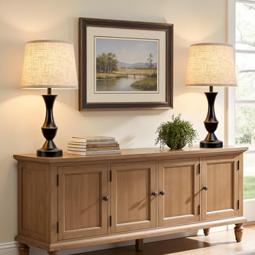Table Lamp Set of 2 (Black Base+Beige lampshade / 19 in)