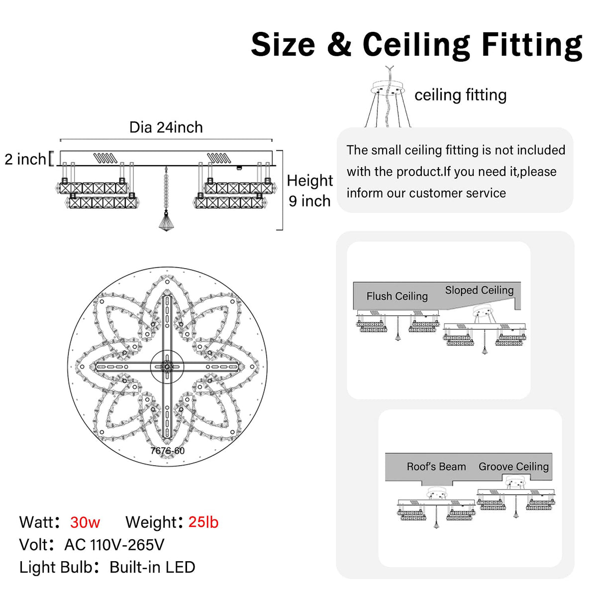 Dia 24" Modern Crystal Chandeliers Black Chandelier LED Flush Mount Ceiling Light for Living Room Dining Room Bedroom Foyer Entryway LED Dimmable 2700 (Black / Dia 24")