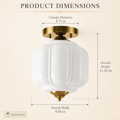 9.8" Vintage Ceiling Light with Milk White Ribbed Glass Lampshade (Gold / 9.8in)