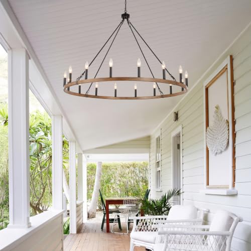 16 Light Farmhouse Wagon Wheel Chandelier 47"W Rustic Metal Chandeliers (Black and Wood-grain -16 Lights)