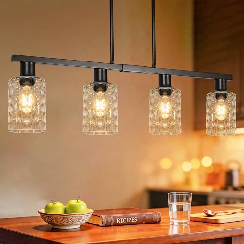 4 Light Kitchen Island Lighting Black Dining Room Light Fixture with Hammered Glass Shade 31" Modern Linear Chandelier Adjustable Hanging Pendant Lighting Over Island Dining Table Living Room (Black+hammered glass / 31in)