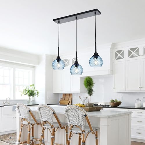 3 Light Island Lights for Kitchen with Striped Swirl Globe Glass (Blue / 3-Light-Straight Bar)