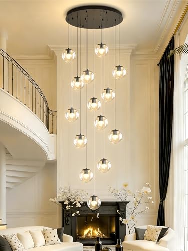 15 Light Black Chandelier with Globe Glass Dimmable Ceiling Light Glass Pendant Light for Kitchen Island (Black-Clear / Globe 15-Light)