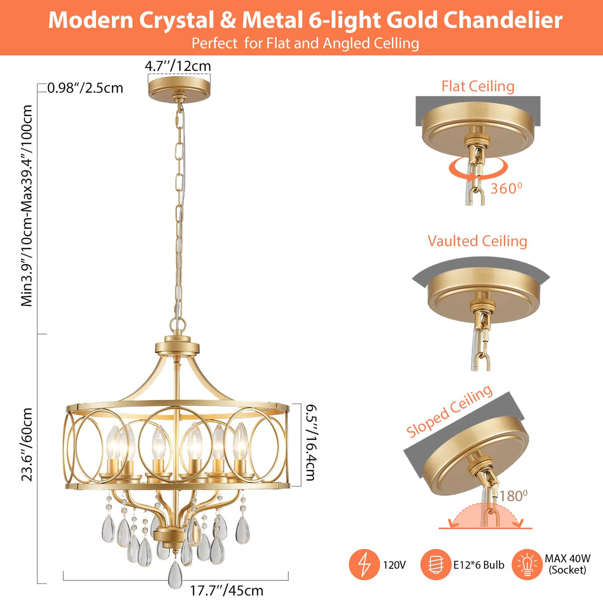 6 Light 18" Modern Gold Crystal Chandelier