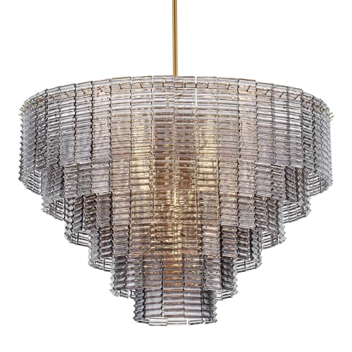 Dia 32.5 Inches Large Modern Smoke Gray Glass Chandelier Brass Finish (Smoke Gray Glass)