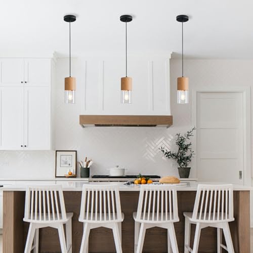 2 Pack Modern Pendant Lights for Kitchen Island (Wood Grain & Transparent—Cord / 2 Pack)