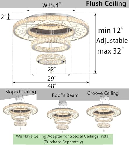 48 inch Large Size Glam Chandelier Crystal Ceiling Light for Living Room Chandeliers Lighting Fixtures with Remote Dimmable LED Light (48 inch / Silver)