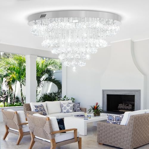 32in Modern Crystal Chandeliers for Living Room LED Crystal Ceiling Light Fixtures Flush Mount Chandelier Ceiling Chandelier for Bedroom Foyer Hallway Dining Room (Silver / 32inch)
