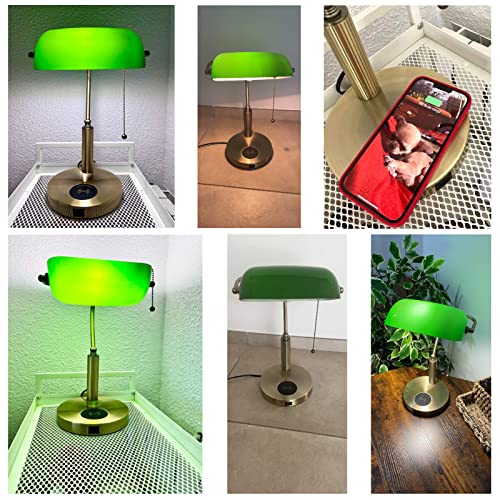 Green Glass Bankers Desk Lamp USB Wireless Charging Port LED Table Lamp Classic Retro Pull Chain Switch Reading Lamp for Home Office Workplace Library Piano (Green(Wireless charger))