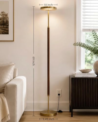 Wood LED Torchiere Floor Lamp with Remote (Walnut Wood & Brushed Brass)