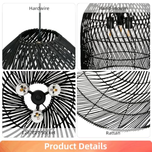 3 Light Rattan Woven Bell Pendant Light for Dining Room Black (Black / 3-Light / 20.8″H)