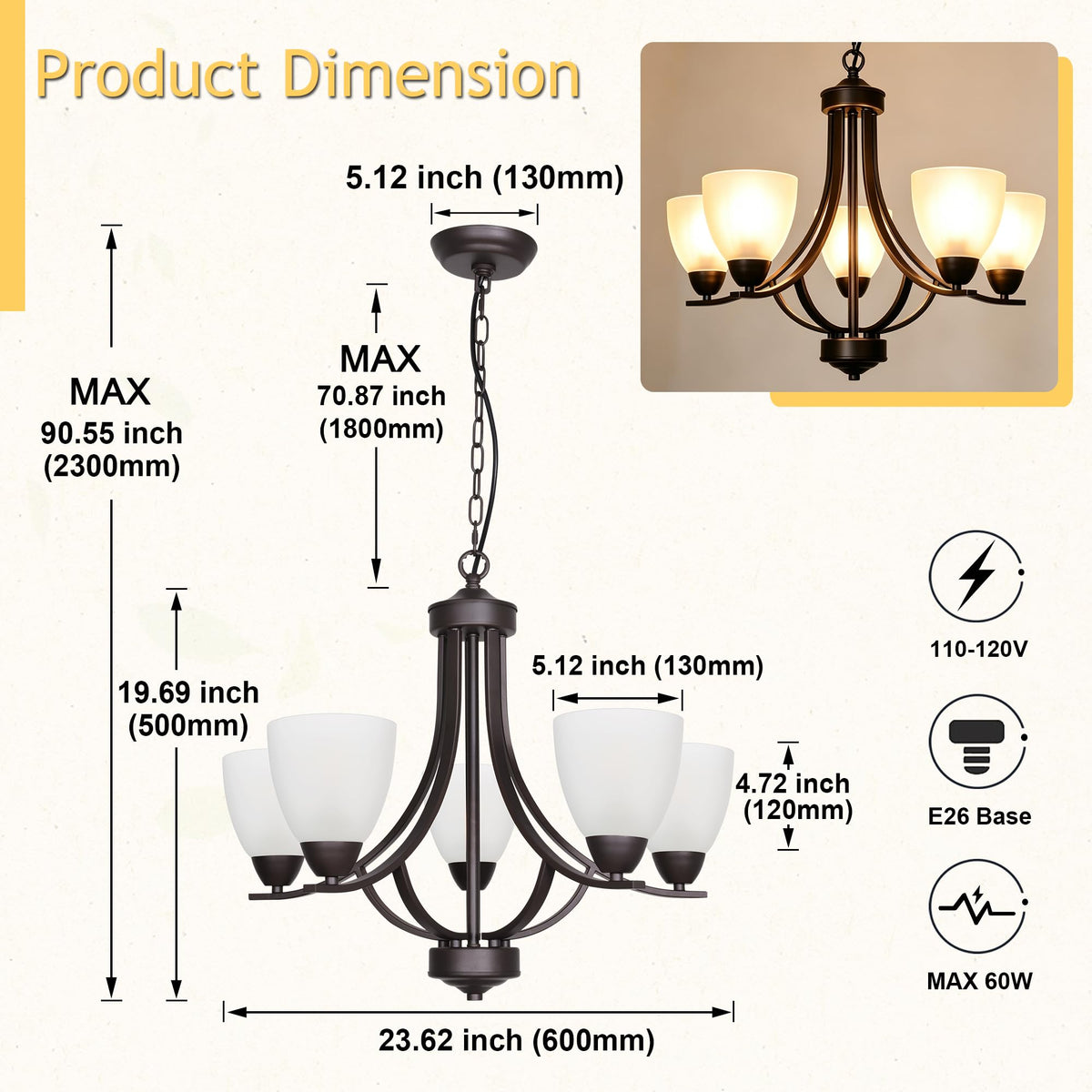5 Light Shaded Contemporary Chandeliers with Alabaster Glass Oil Rubbed Bronze Modern Light Fixtures Ceiling Hanging Rustic Pendant Lighting for Dining Room Foyer Bedroom Living Room (Oil-Rubbed Bronze / 5 Light)