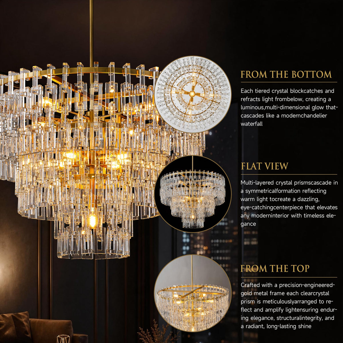 36'' W Round Crystal Chain Chandelier 9 (Gold-4(36''))