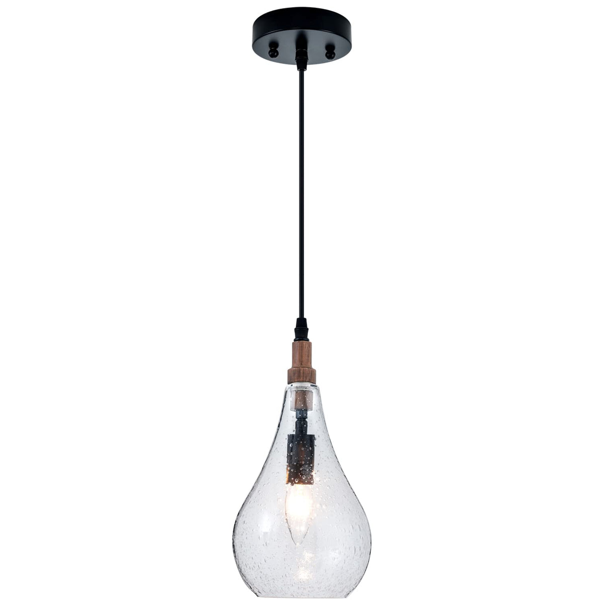 Farmhouse Wood Bubble Seeded Glass Pendant Light Adjustable Industrial Pendant Lighting Fixtures for Kitchen Island Dining Room Bedroom Entryway Sink (Wood-Seeded)