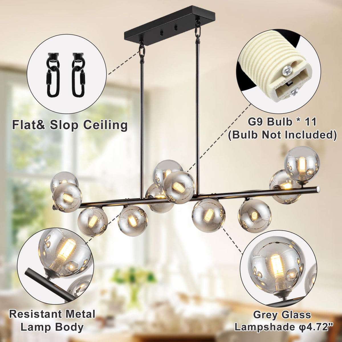 Linear Chandeliers for Dining Room Sputnik Modern Linear Globe Chandelier (Gray / 11 Light)