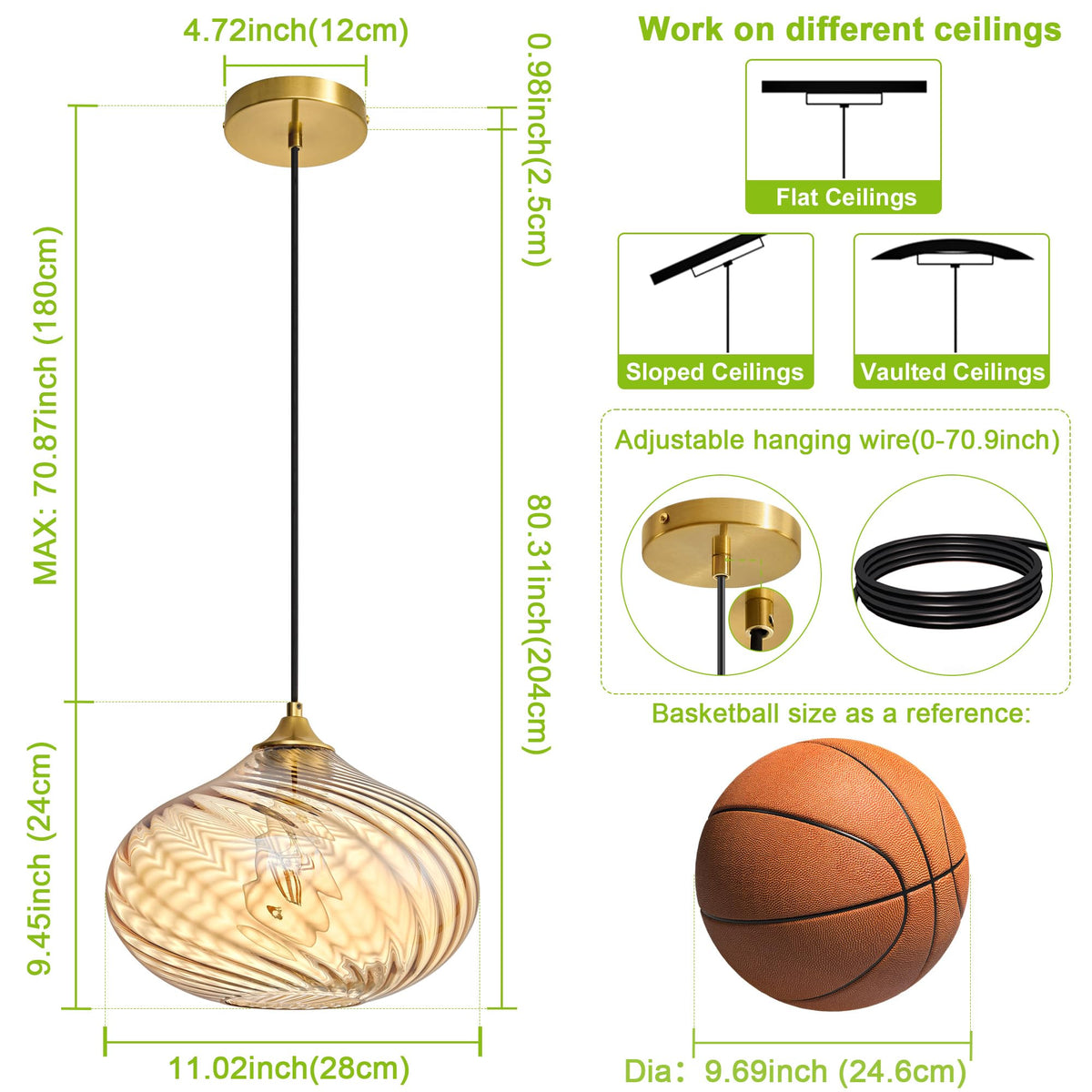 11in Gold Pendant Lights Kitchen Island with Amber Glass Shade 1Pack (Gold-Striped Amber Glass)
