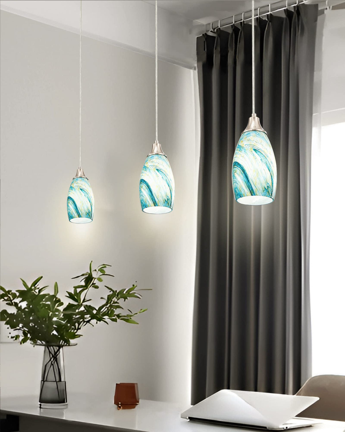 Art Glass Mini Pendant Lights for Kitchen Island Blown Art Glass Pendant Light Shade hanging ceiling lights with Brushed Nickel Finish for Kitchen Counter bar (Blue Mixing Yellow-1Pack)