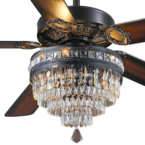 62" Black Crystal Chandelier Ceiling Fans with Lights and Remote Control (Black-62IN)