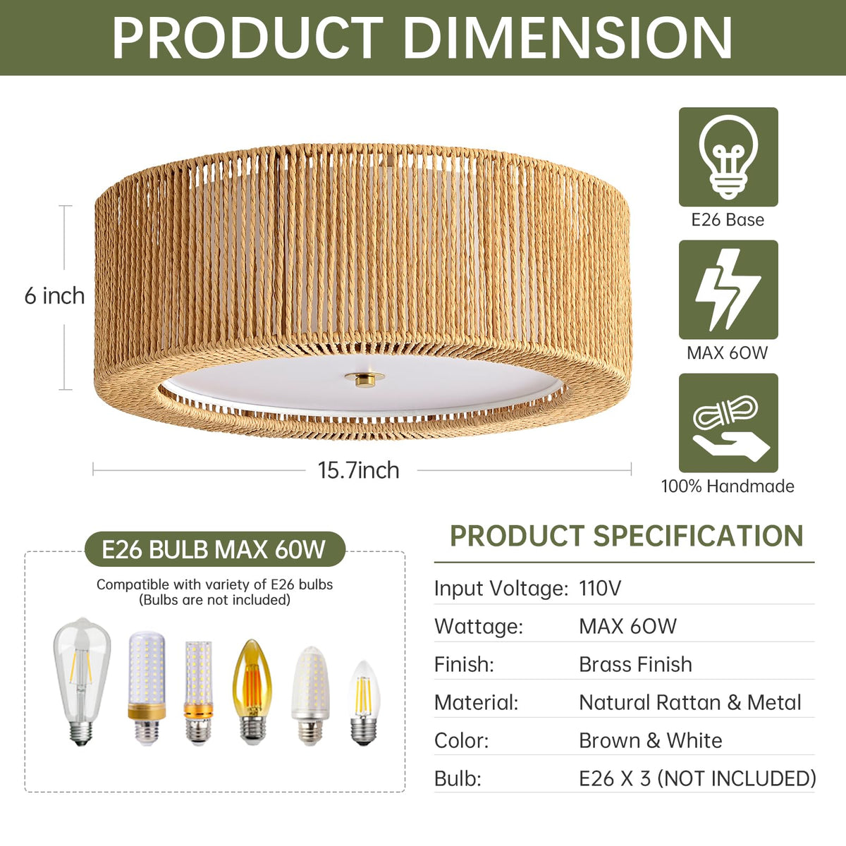 15.7" Boho Ceiling Light (Vertical Weave- Brown / 15.7")