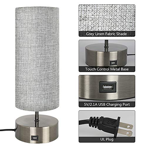 3 Way Dimmable Touch Control Table Lamp with USB Charging Port Set of 2 (Grey 1 Fabric Shade)