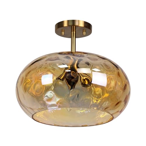 Brass Gold Semi Flush Mount Ceiling Fixture Large Hammered Glass Shade Modern Close to Ceiling Light 14" Art Lampshade for Hallway Foyer Bedroom