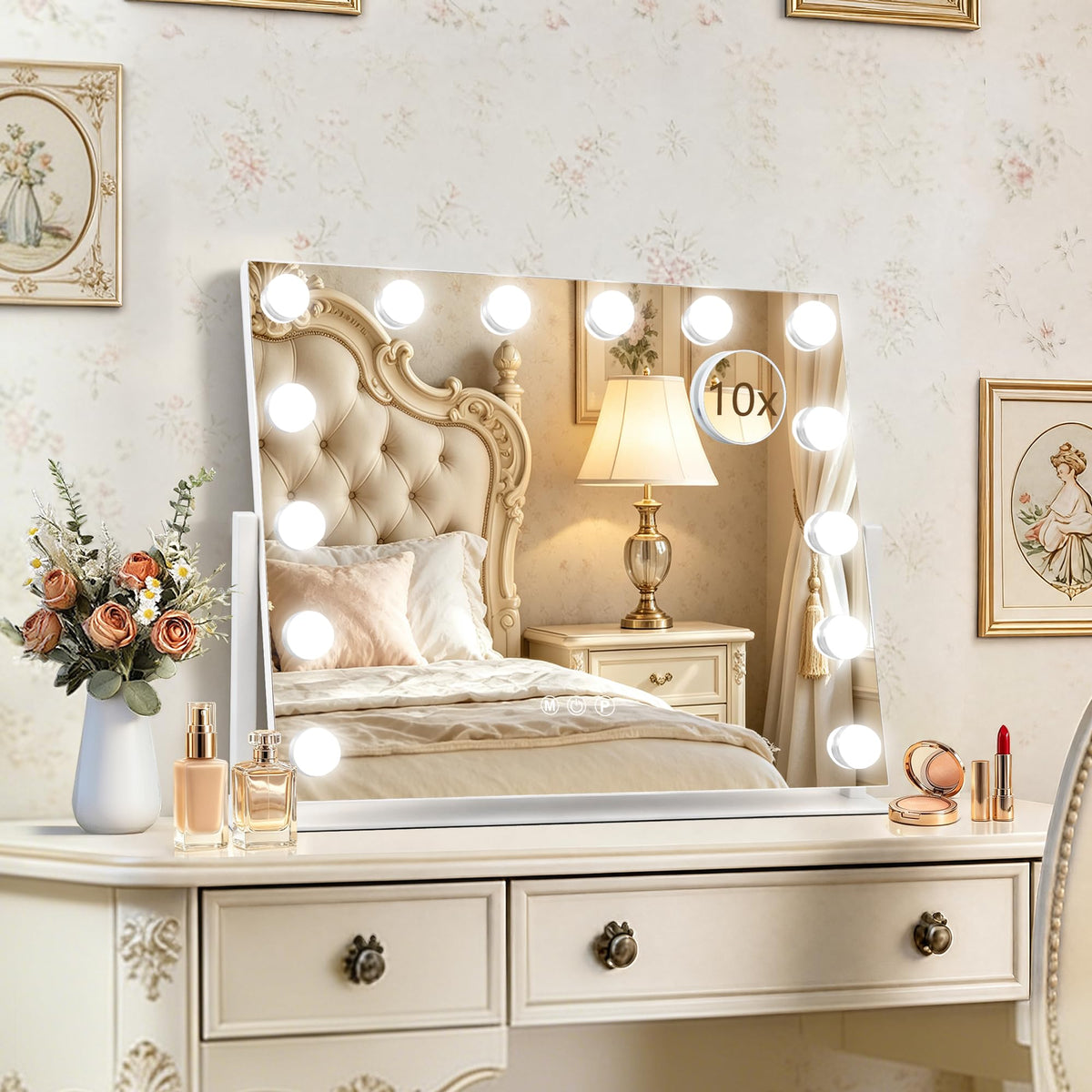 White Hollywood Vanity Mirror with Lights (White / 22"L x 17"W)