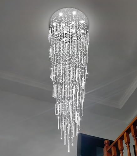 D32'' x H100'' Modern Crystal Chandelier High Ceiling Chandeliers for Entryway Glam Chandelier Large Raindrop Chandeliers LED Dimmable Light Fixtures for Staircaes Foyer Hallway Living Room Silver (D32'' x H100'' Silver)