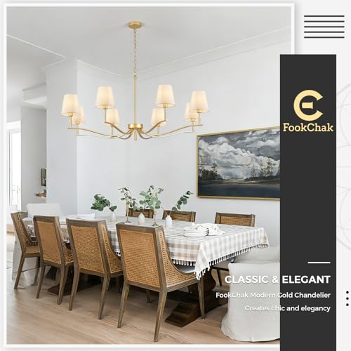 8 Light Brass Gold Chandelier with White Fabric Shade 44'' Linen Dining Room Chandeliers Over Table Kitchen Chandeliers Light Fixture for Living Room Bedroom Entryway Home Office (Gold & Linen / 43.7 inch)