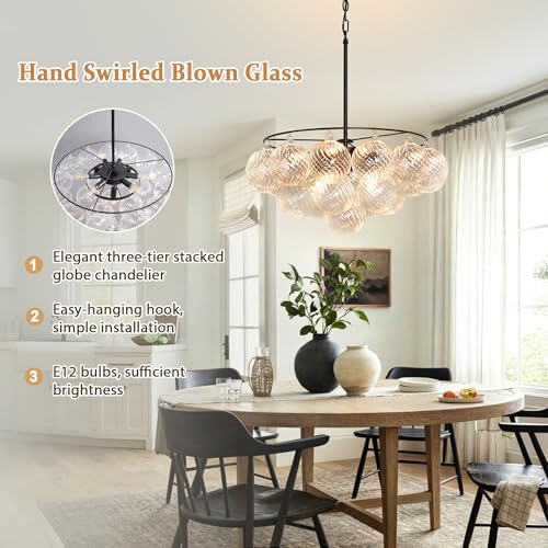 Bubble Glass Globe Chandelier (Black and Clear Shade / 24inch)