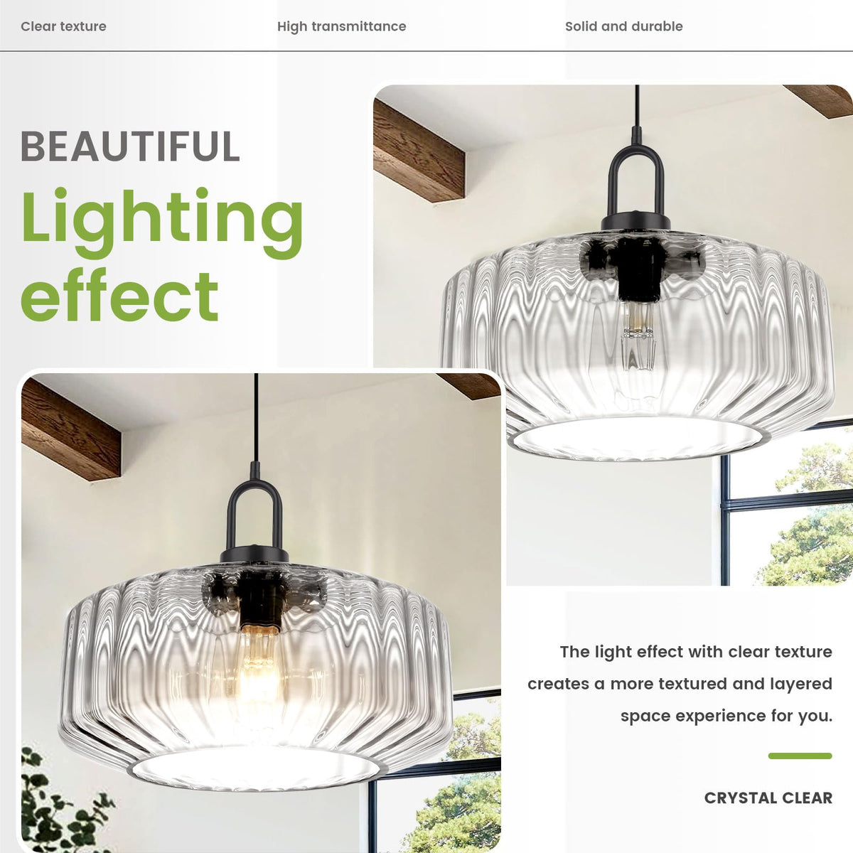 Clear Ribbed Large Glass Pendant Light Black 13.78″ light fixture (13.7″Clear)