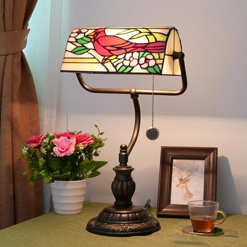 Northern Cardinal Bird Tiffany Bankers Desk Lamp Stained Glass Table Lamp Vintage Bedroom Bedside Office Study Pull Chain Reading Desk Light Gift Nightstand Aesthetic Antique Desklamp (Northern Cardinal Bird)