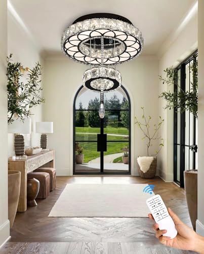 Dia 12" Crystal Mini Chandelier Crystal Black Ceiling Light Fixtures LED Flush Mount Ceiling Light for Living Room Bedrooms Dining Room Dimmable 2700k 4500k 6000k (Black / W:12inches)
