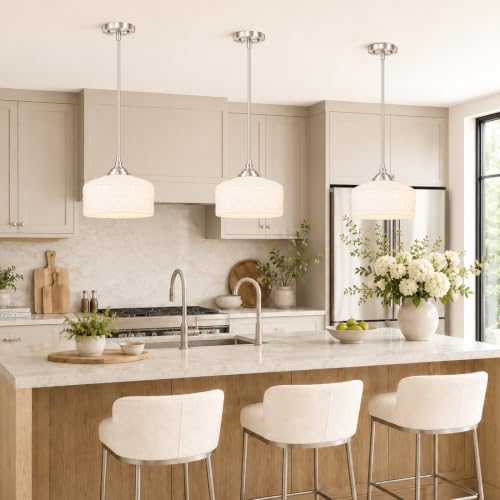 Brushed Nickel Vintage Pendant Lights Kitchen Island for Bathroom (Nickel+White Patterned Glass / 9.45in)