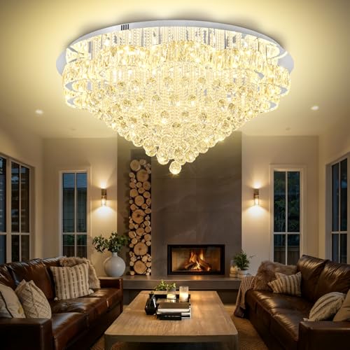 40in Modern LED Crystal Chandelier for Living Room Ceiling Light Fixtures Flush Mount Chandeliers Ceiling Chandelier for Foyer Hallway Dining Room (Silver / 40inch)