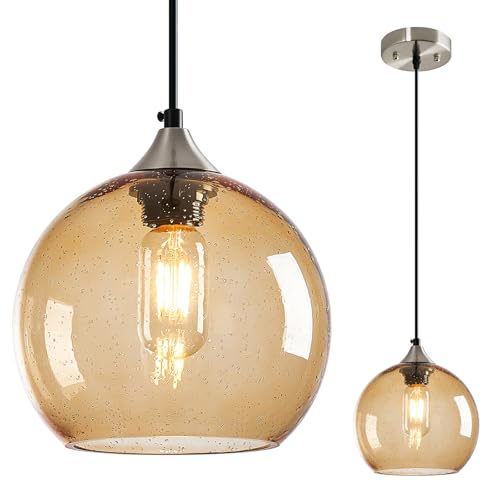 Light Brown Glass Pendant Lights Kitchen Island Lighting Globe Pendant Light Fixtures Modern Pendant Lighting for Bedroom Living Dining Room Light Fixture (Light Brown 1 Pack / 7.87in)
