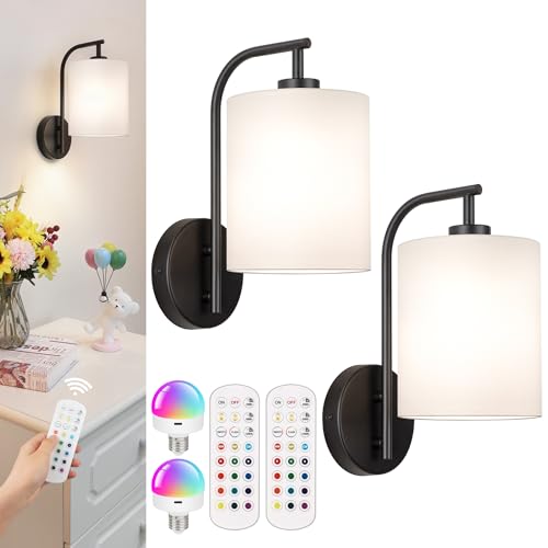 Battery Operated Wall Sconce Set of 2 (Black / White / Large)