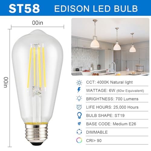 Vintage LED Edison Bulb (St58-clear Glass 4000k / 6 Count (Pack of 1))
