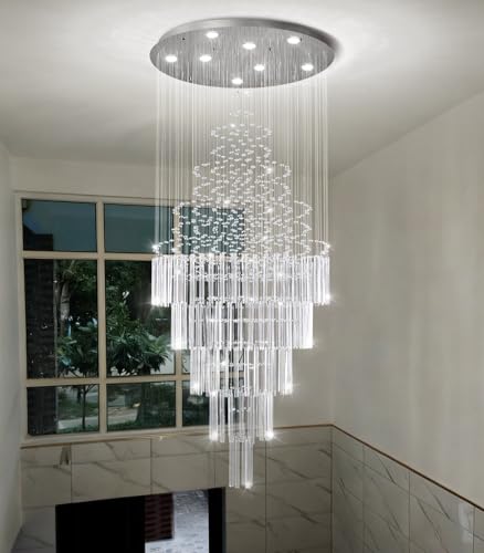 W24 x H78 Crystal Glam Chandelier Long Light Chandeliers with Dimmable Light Bulbs High Ceiling Light Fixtures for Foyer Entryway Living Room Stair Silver (Silver / Round W24" X H78")
