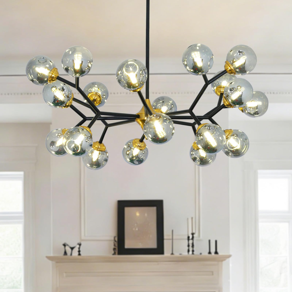 Glass Globe Sputnik Chandelier (Black+Gold 42.51"(20-Light))