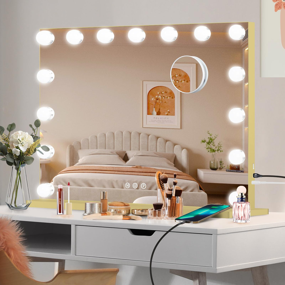 Vanity Mirror with Lights (Gold / 23"L x 18"W)