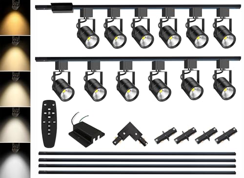 12 Light Track Lighting Kit with 13.2FT H Type Track Lighting Rail and Floating Canopy Connector (Black / 12 Lights)