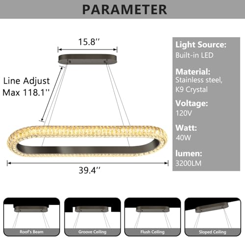 40'' Oval Ring Crystal Chandelier Modern LED Dimmable Ring Pendant Light Chandelier for Dining Room Living Room Black (Black / 1 Ring Oval 40")