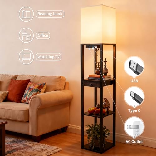 Shelf Floor Lamp with 1 Drawer (Black(USB+Drawer))