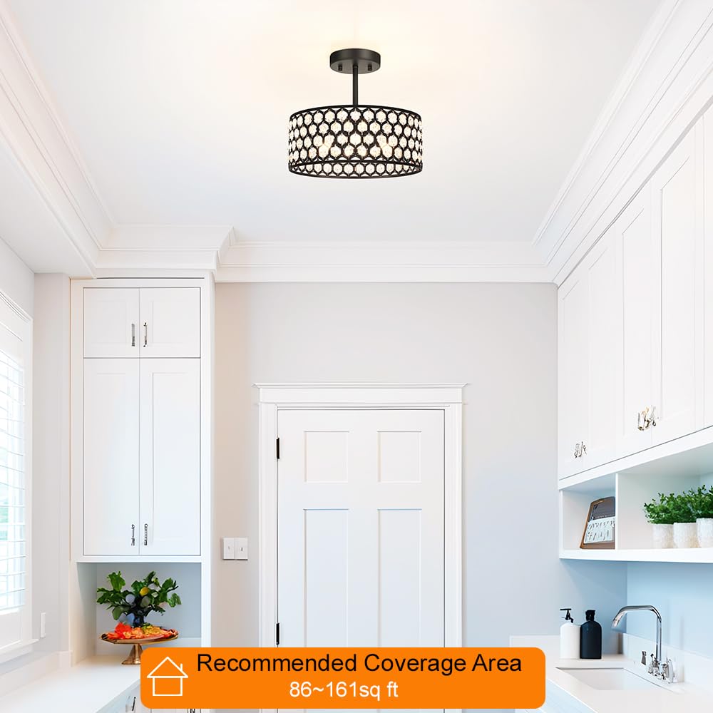 Black Crystal Ceiling Light Fixture (12in - 3 light - B / Black)