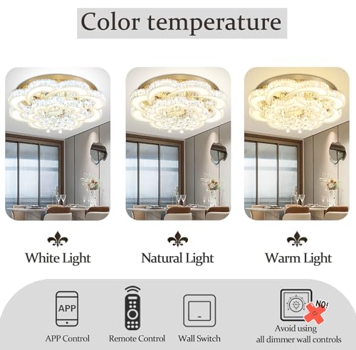 Dia 40'' Modern Crystal Chandelier Flush Mount Crystal Ceiling Light Fixture Dimmable LED Large Ceiling Chandelier for Living Room Dinning Room Bedroom (Gold / Dia 40")